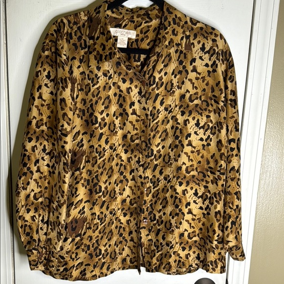 Silk Leopard Print Button Down Shirt Size 1X - Picture 1 of 8